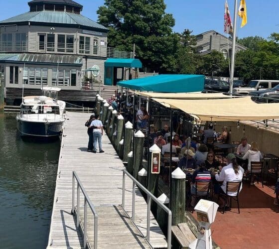 A waterfront bar and restaurant with blue and white awnings next to a dock with a boat